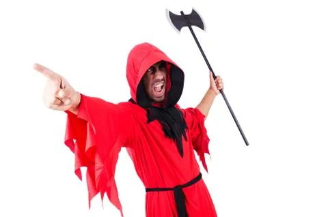 Executioner in red costume with axe on white Stock Photos