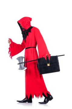 Executioner in red costume with axe on white Stock Photos