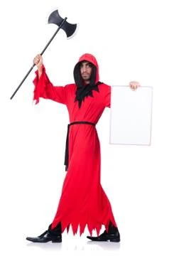 Executioner in red costume with axe on white Stock Photos