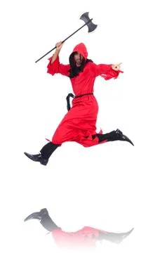 Executioner in red costume with axe on white Stock Photos