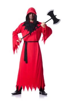 Executioner in red costume with axe on white Stock Photos