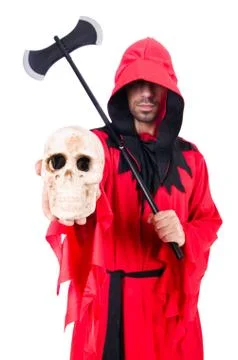 Executioner in red costume with axe on white Stock Photos