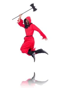 Executioner in red costume with axe on white Stock Photos