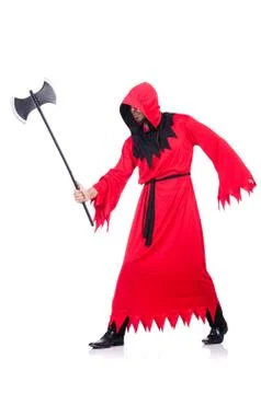 Executioner in red costume with axe on white Stock Photos