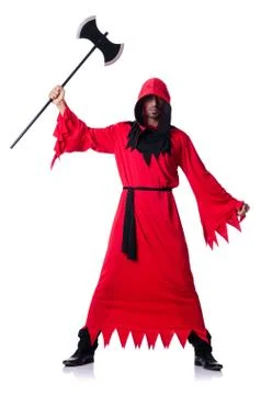 Executioner in red costume with axe on white Stock Photos