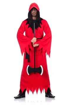 Executioner in red costume with axe on white Stock Photos