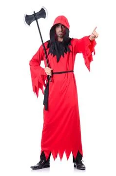 Executioner in red costume with axe on white Stock Photos