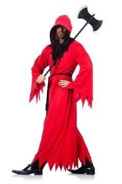 Executioner in red costume with axe on white Stock Photos