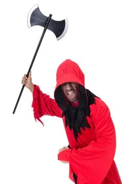Executioner in red costume with axe on white Stock Photos