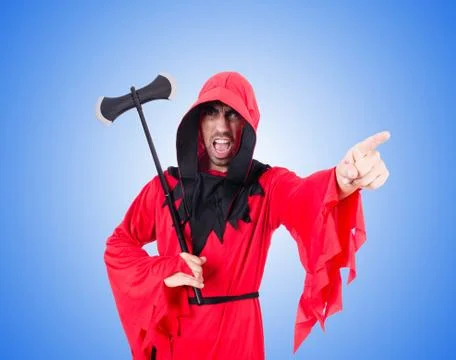 Executioner in red costume with axe on white Stock Photos