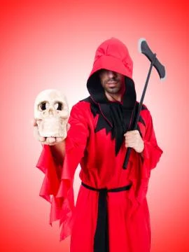 Executioner in red costume with axe on white Stock Photos
