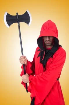 Executioner in red costume with axe on white Stock Photos
