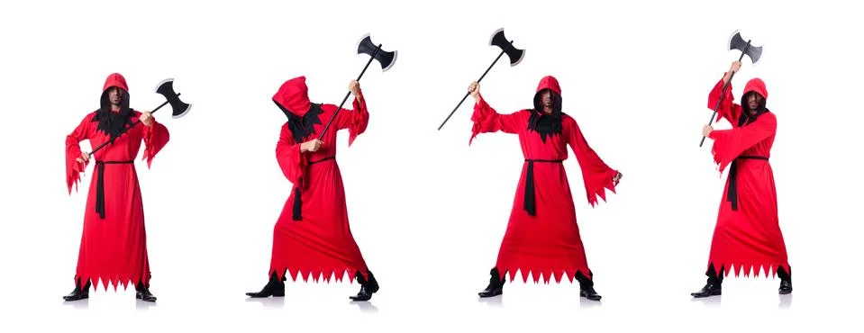 Executioner in red costume with axe on white Stock Photos