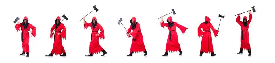 Executioner in red costume with axe on white Stock Photos