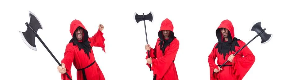 Executioner in red costume with axe on white Stock Photos
