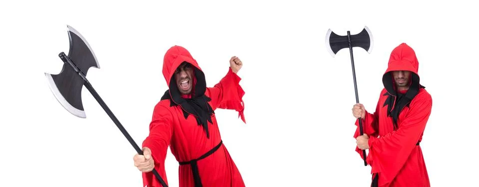 Executioner in red costume with axe on white Stock Photos