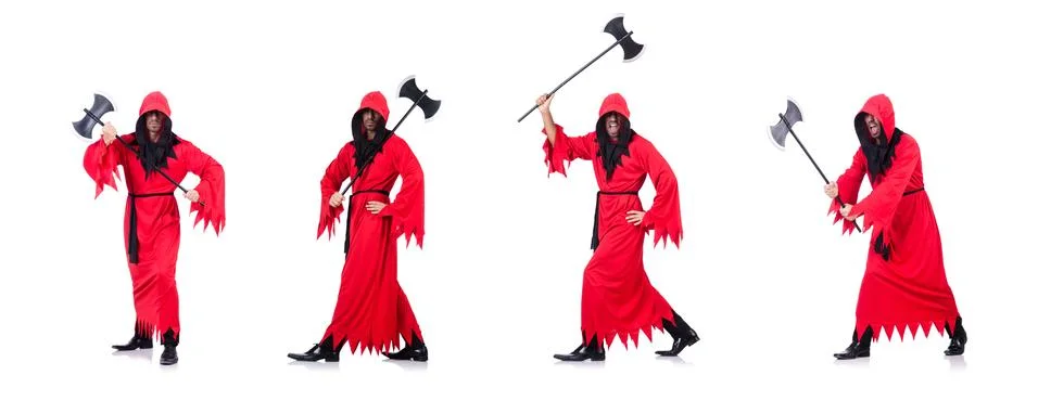 Executioner in red costume with axe on white Stock Photos