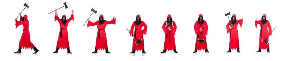 Executioner in red costume with axe on white Stock Photos