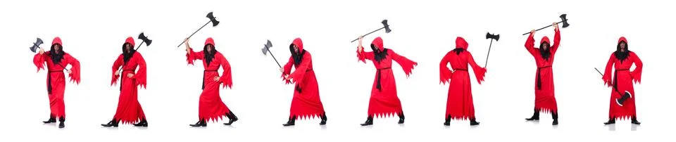 Executioner in red costume with axe on white Stock Photos