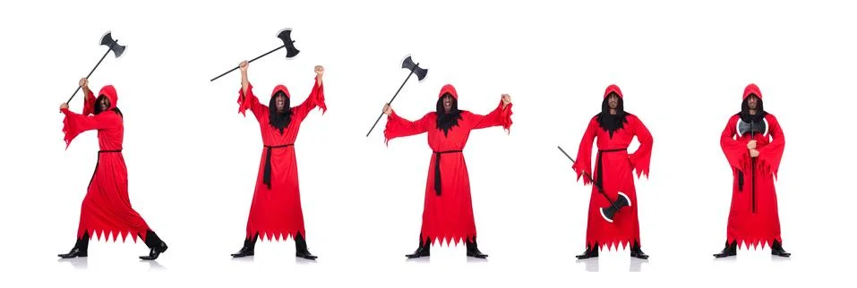 Executioner in red costume with axe on white Stock Photos