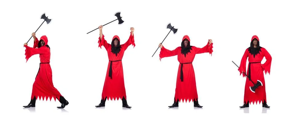 Executioner in red costume with axe on white Stock Photos