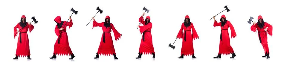 The executioner in red costume with axe on white Stock Photos