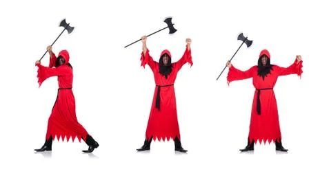 Executioner in red costume with axe on white Stock Photos