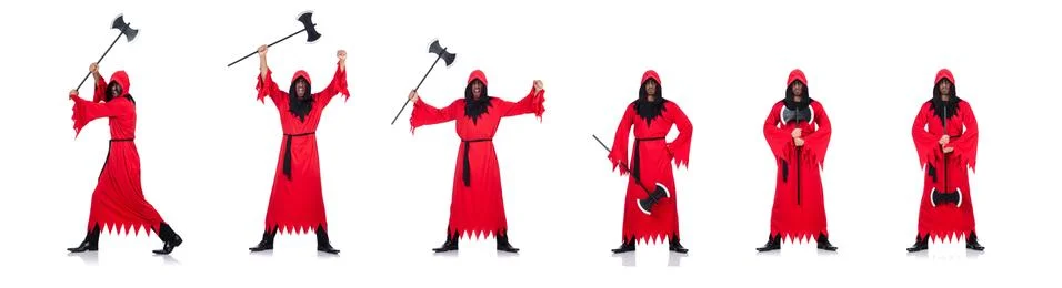 Executioner in red costume with axe on white Stock Photos
