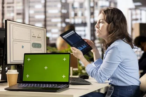 Executive analyst finalizing a report with data analytics next to copy space Stock Photos
