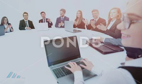 Executive assistant on the laptop fills in the Protocol at an im Stock Photos