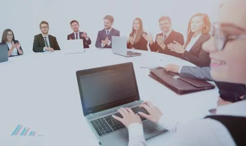 Executive assistant on the laptop fills in the Protocol at an im Stock Photos