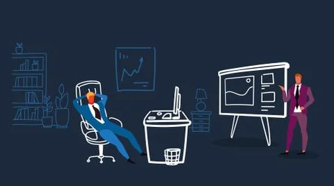 Executive boss sitting workplace listening employee presenting startup plan new Stock Illustration