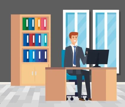 Executive businessman with bookcase and computer in the desk Stock Illustration