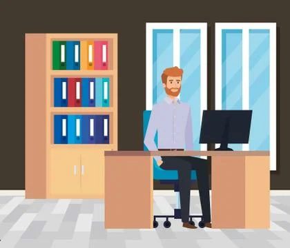 Executive businessman with computer in the desk and windows Stock Illustration