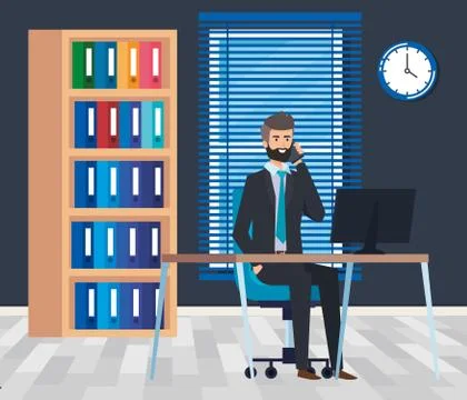 Executive businessman with computer in the desk and bookcase Stock Illustration