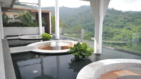 Executive Cafe Restaurant Modern Design with Hill Green Mountain Background View Stock Footage 280378448