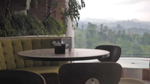 Executive Cafe Restaurant Modern Design with Hill Green Mountain Background View Stock Footage 280378655