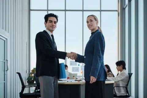 Executive CEO and client handshake, cheerful marketing, and investment dealing. 스톡 사진