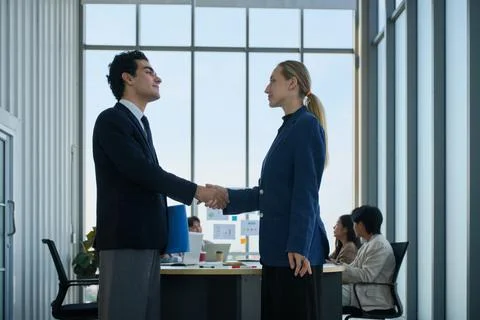Executive CEO and client handshake, cheerful marketing, and investment dealing. Stock Photos
