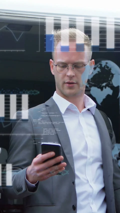 Executive checking phone at jet door, charts, globe and code overlays rising Stock Footage 332845812
