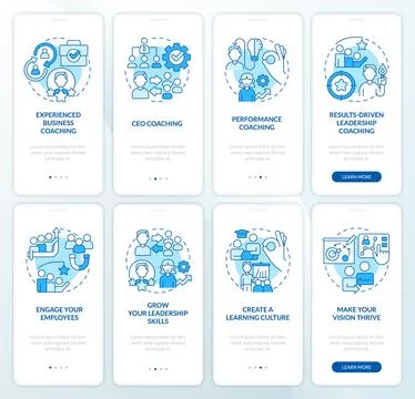Executive coaching programs blue onboarding mobile app screen set Stock Illustration