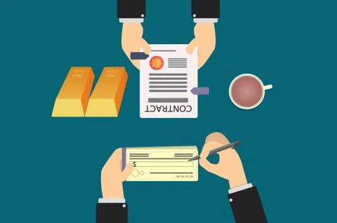 Executive hands signing contract for the acquisition of gold bars, the contra Stock Illustration