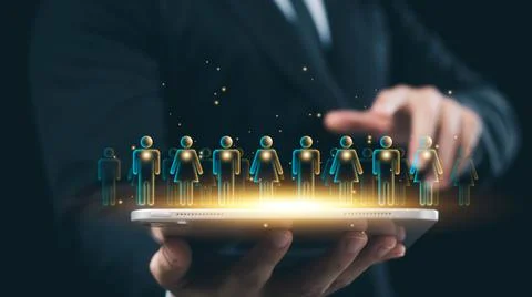 Executive holding a tablet Virtual human icon, efficient organizational struc Stock Photos