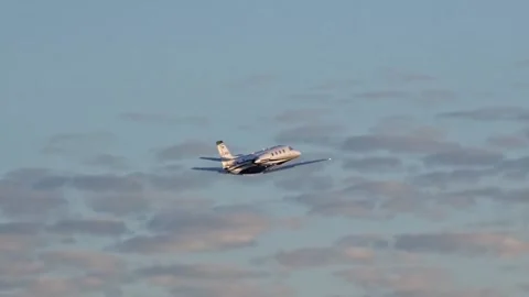 Executive Jet Take Off Silhouette Sunset Departure at Airport Vídeo Stock 235010435