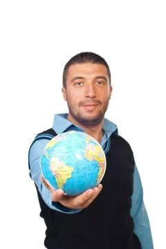 Executive man giving world globe Stock Photos