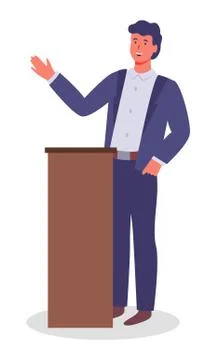 Executive man waving hand, greeting, show presentation, talking from tribune Stock Illustration