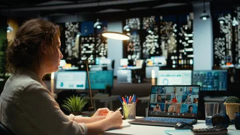 Executive manager interacting in a webinar video call for briefing Stock Photos