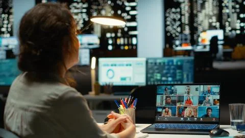 Executive manager interacting in a webinar video call for briefing Stock Photos