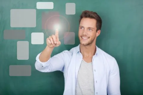 Executive pressing social buttons on virtual background Stock Photos