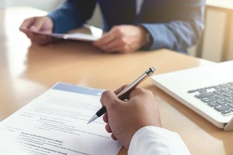 Executive reading a resume during a job interview and businessman Completin.. Foto stock